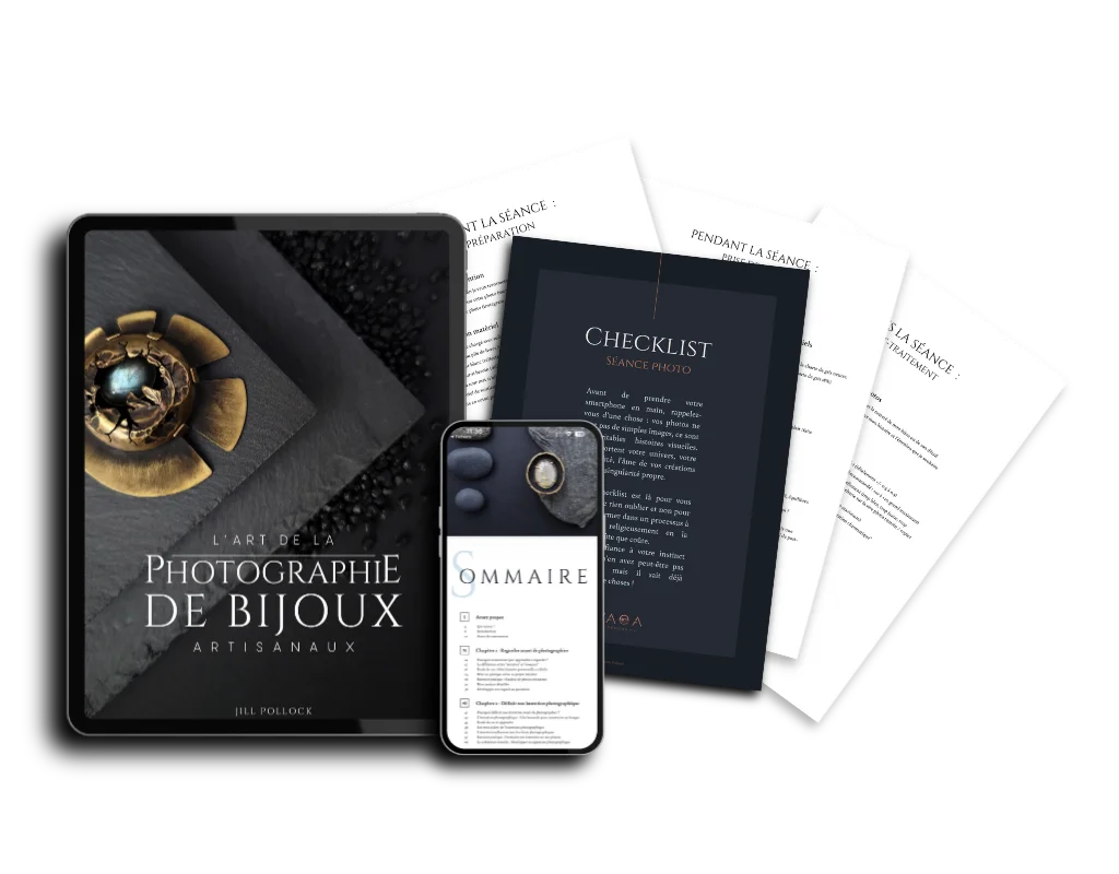 mockup du livre digital "L'Art de la photographie de bijoux artisanaux et de la checklist séance photo de bijoux offerte