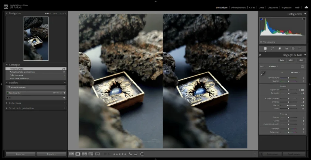 Comparaison avant après de la retouche d'une photo de la broche Strokkur dans Lightroom, illustrant une retouche fidèle en photographie de bijoux